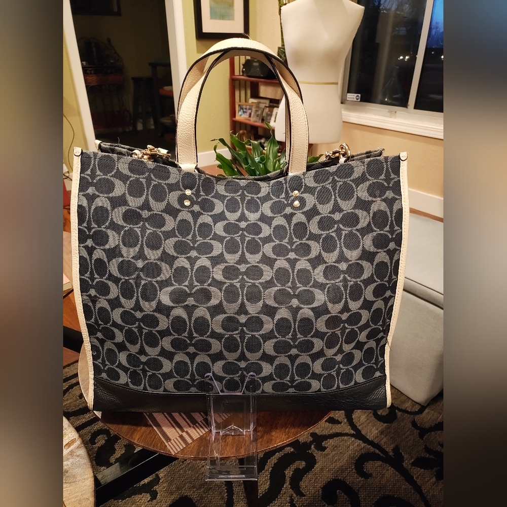 Coach Denim Blue and Cream Large Signature Tote Bag - Picture 2 of 15